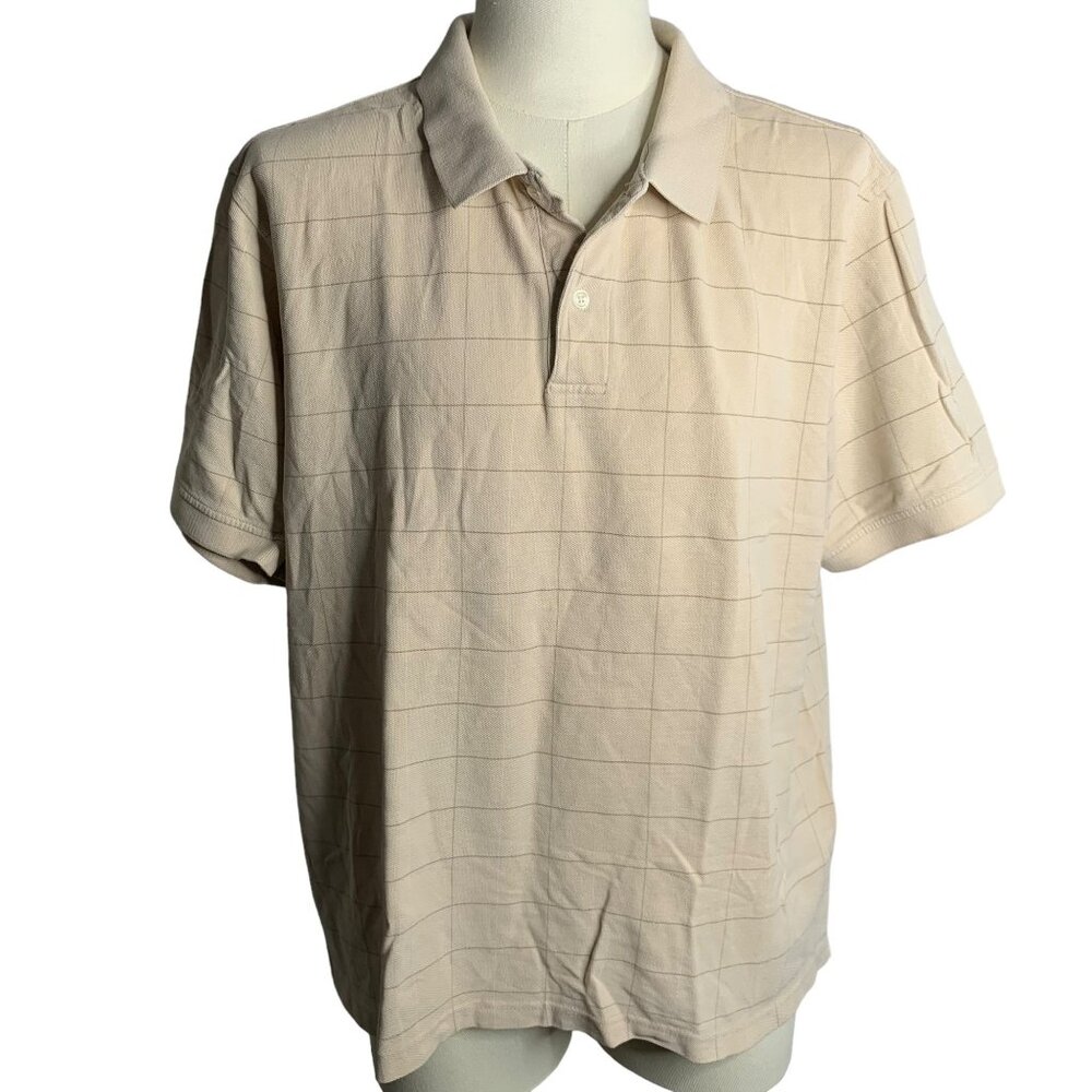 Arrow Short Sleeve Polo Shirt XL Beige Checkered Stretch Knit Buttons Cotton